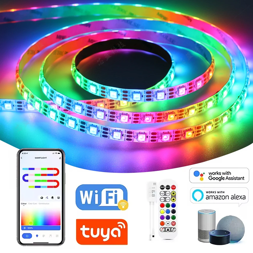 WS2812B TUYA WF APP Control RGBIC LED Strip Lights WS2812 Addressable Chasing Effect LED Light Tape DC5V for Alexa Google LED 5V