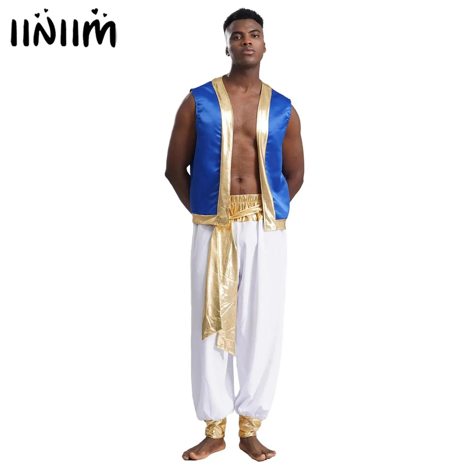 Mens Arabian Prince Costume Aladin Captain Cosplay Outfits Metallic Shiny Trim Open Front Glitter Vest with Belted Long Pants