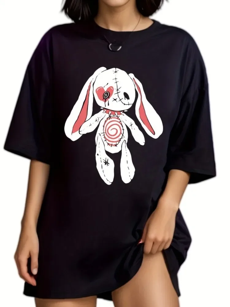 Kawaii Rabbit Doll Printing Women T-Shirts Summer Casual Cotton Short Sleeve Fashion O-Neck Clothes Loose Comfortable Tee Shirts