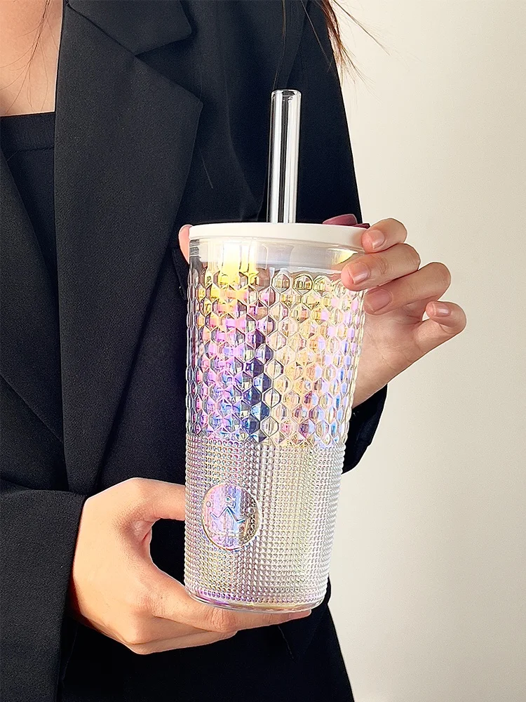 

Large Capaci Glass St Cup with Lid for Office Summer High Aesthetic Queen Cup Milk Tea Fruit Cup Fre Sle Korean roun...