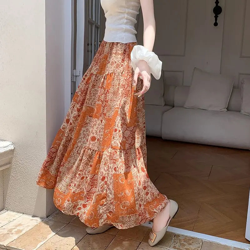 Hawaii Elastic Lining Chiffon Half Skirt Belt Waist Slimming Summer Fashion Half Skirt Skirt High Waist Korean Versatile