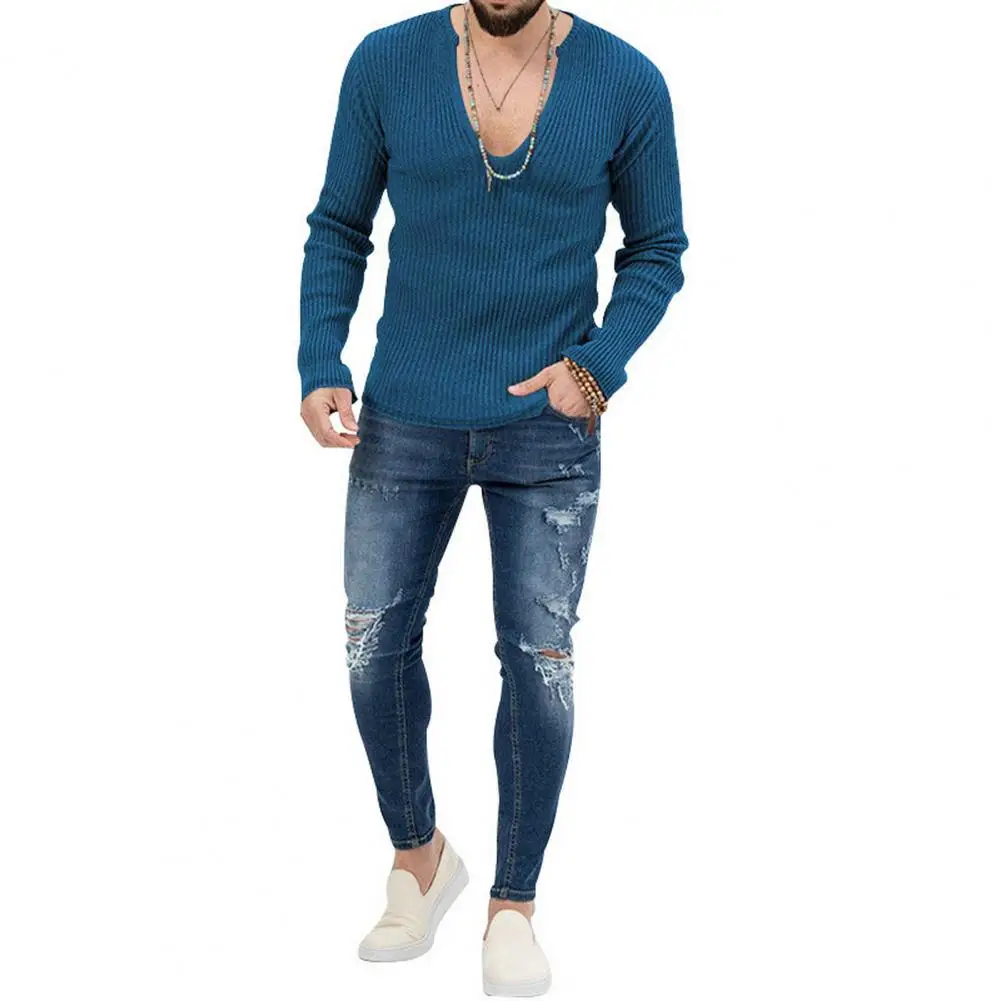 

Men's V-neck Sweater Slim Knitted Pullover with Long Sleeves blusa de frio masculino