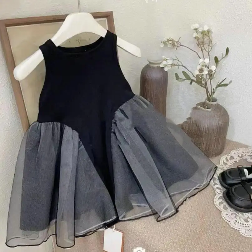 Children Mesh Patchwork Vest Dress Girl Black Sleeveless Vestidos Kids Summer New Birthday Party Dress Dress Wz1338