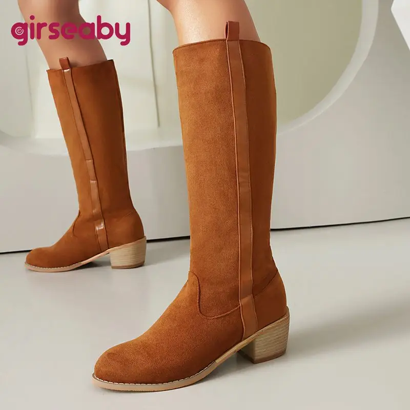 

Женские сапоги до колена Girseaby для отдыха, замшевые сапоги из флока с круглым носком на массивном каблуке 5 см, большие размеры 44 45 46 повседневные ботильоны