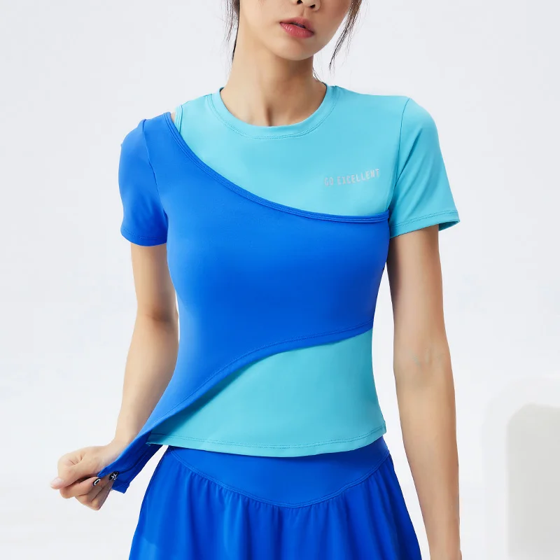 Women Running T Shirts Contrast color 2 in 1 Short Sleeves Quick Dry Sport Shirt Gym Fitness Training Tees Yoga Jogging Tops