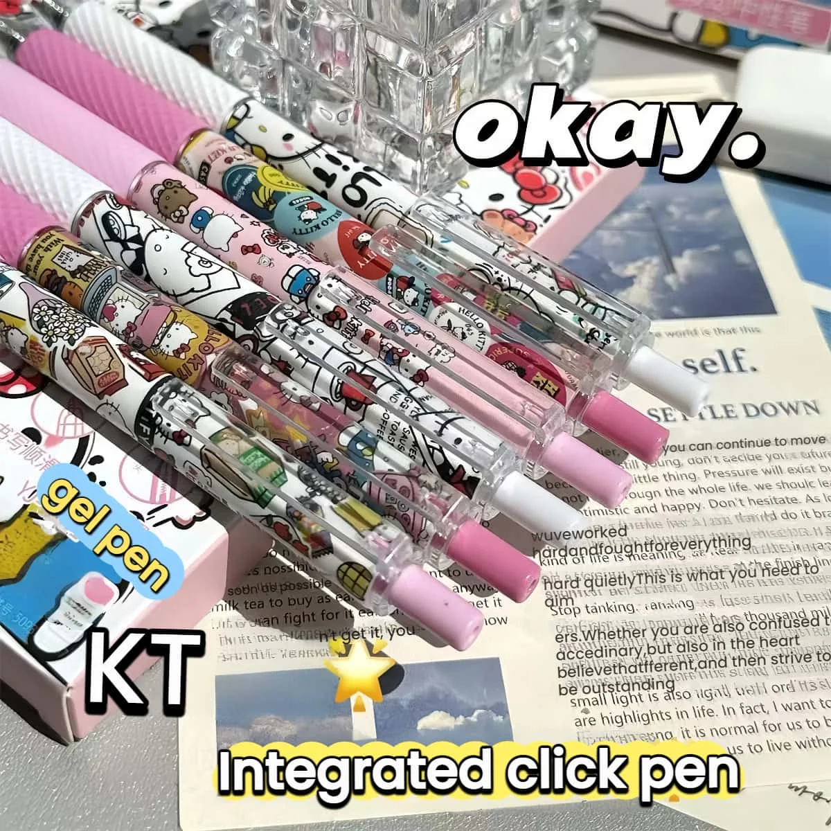 6 قطع/مجموعة أقلام جل قابلة للسحب بتصميم جديد من Hello Kitty - نقطة رفيعة 0.5 مم، حبر أسود |   كتابة سلسة، قرطاسية كاواي لطيفة لـ S