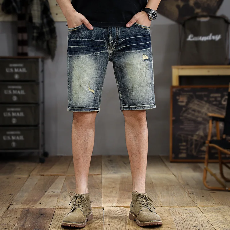 High-End Washed Make Old Ripped Denim Shorts Men's Summer 2024 New Slim Fit Straight Short Pants Ins Fashion Brand Shorts