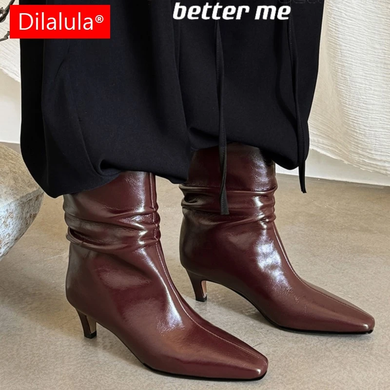 

Dilalula 2025 Genuine Leather Pleated Ankle Boots Women Thin High Heels Slip On Boots Office Ladies Party Dating Shoes Wine Red
