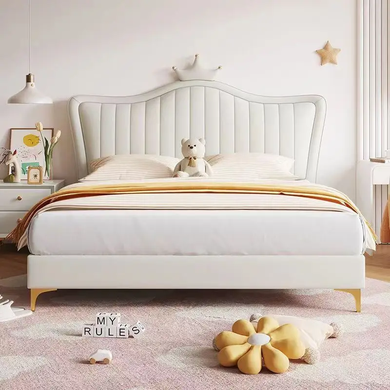 Xiangling Modern Cream Style Children's Princess Bed French White Crown Tufted Leather Upholstery Wood Frame 1.2-1.5m Sizes