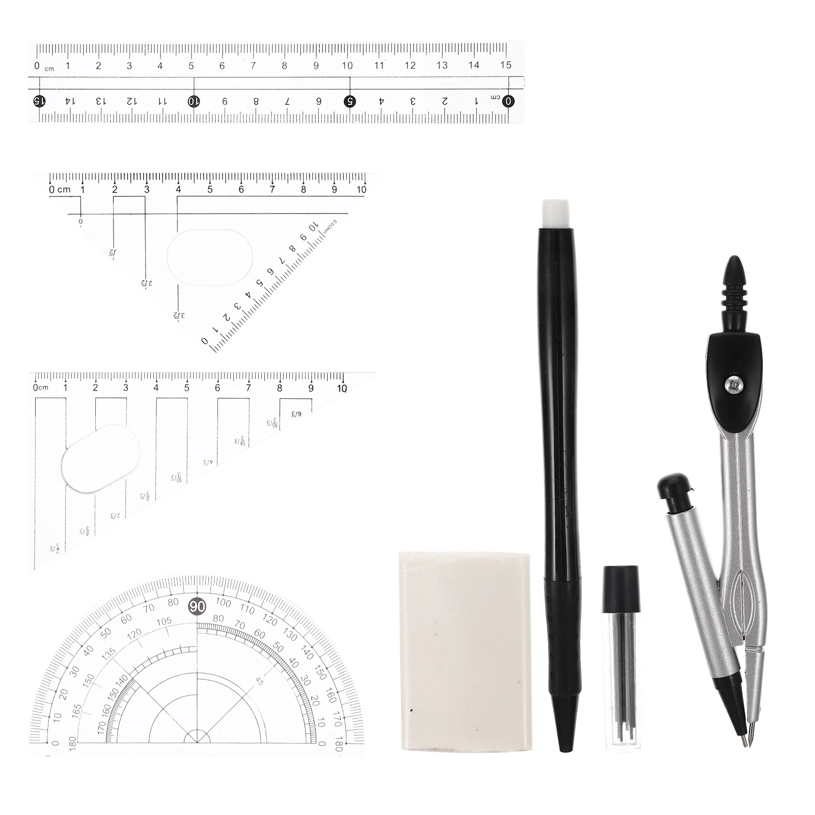 

Plastic Metal Ruler Set Measuring Tools Compact Compass Kit Protractor Triangle Board Eraser Straight Geometry School Supplies