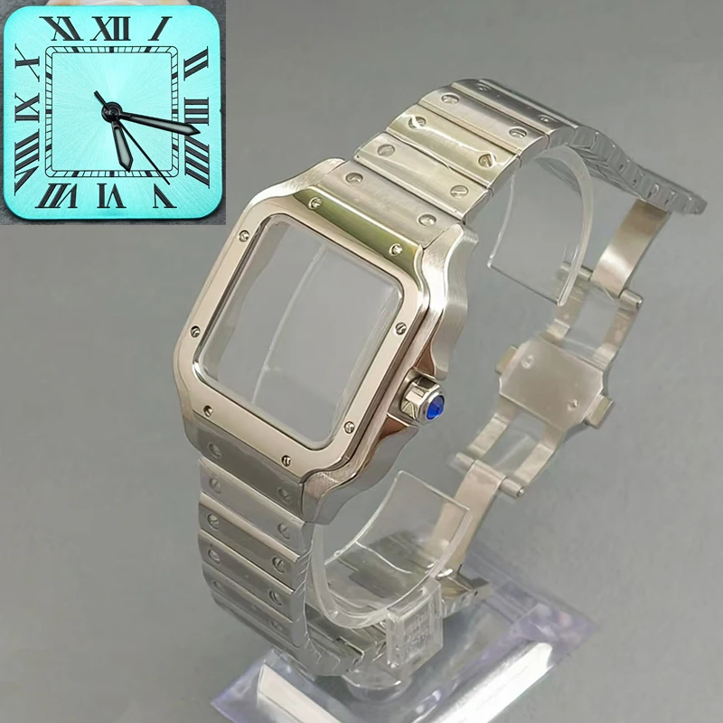 NH35 Case 38mm Square Santos Steel Case and 27mm Dial Mineral Coated Glass Fits NH35 NH36 4R35 7S26 Movement Replace Watch Case