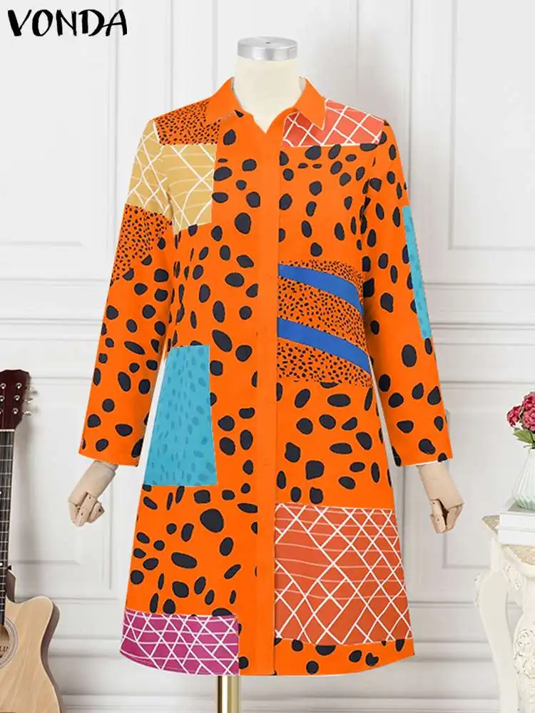 VONDA Leopard Printed Dress Women Bohemian Shirt Dress Sexy Lapel Long Sleeve Sundress 2024 Fashion Buttons Knee-Length Vestidos