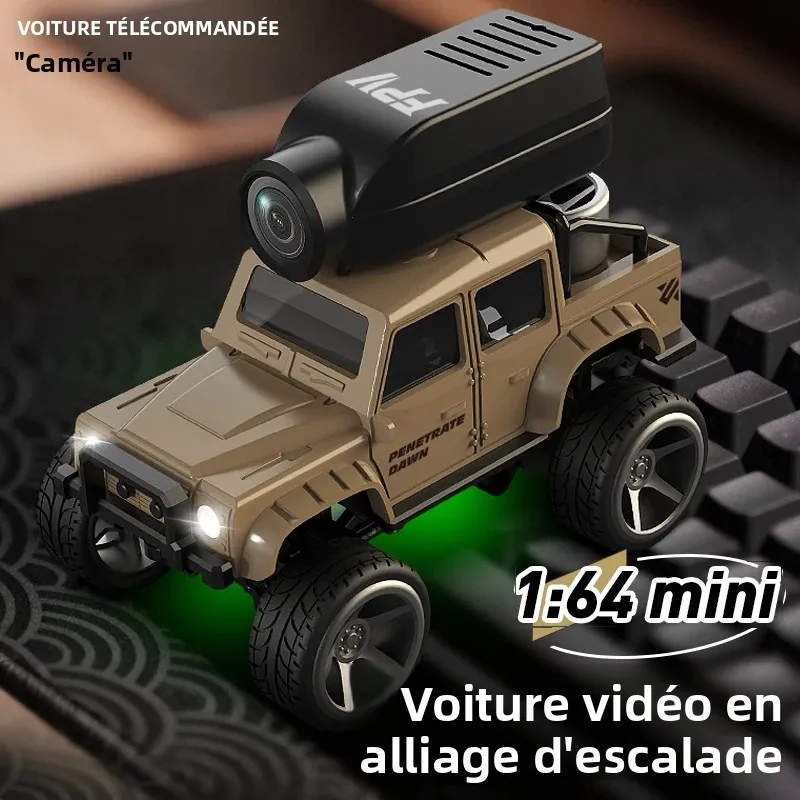Voiture RC FPV miniature en alliage 1:64 avec caméra HD, application téléphonique, capteur de gravité, télécommande, véhicule tout-terrain, éclairage LED, jouet cadeau