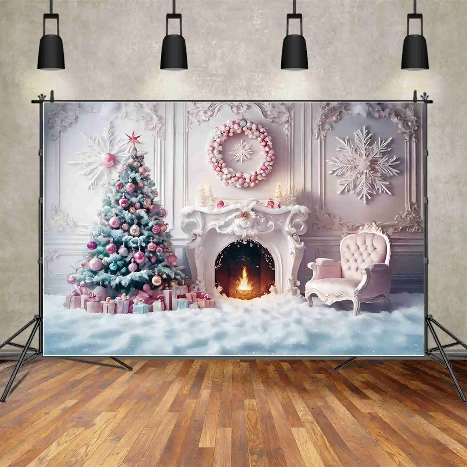 MOON.QG Snow Winter Christmas Tree Backgrounds Fireplace Baby New Year Living Room Backdrops Party Decoration Photo Shoot Props