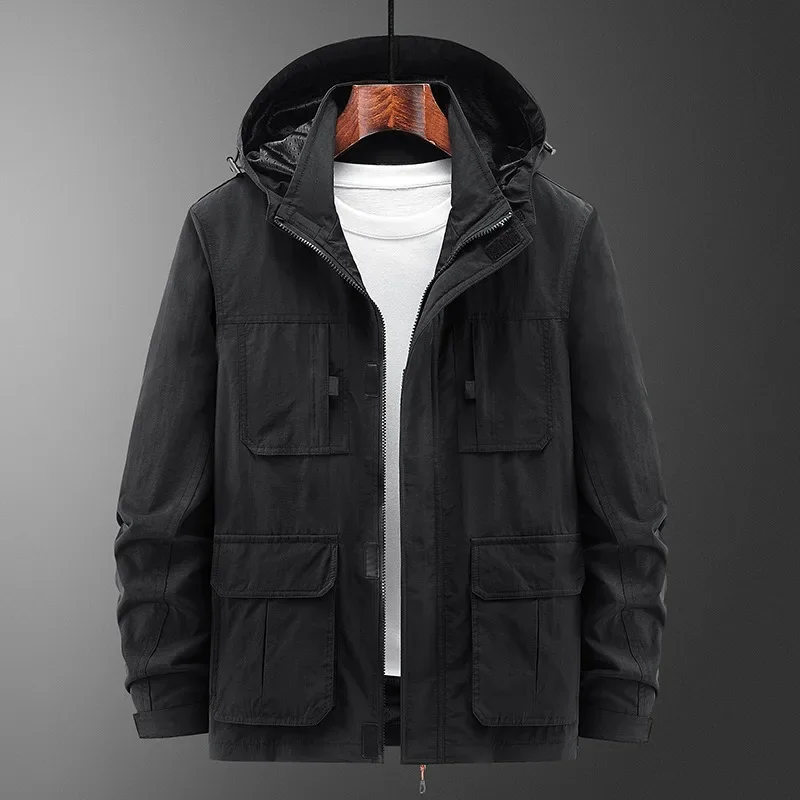 High Quality Spring Autumn Men's Hooded Jacket Zipper Multi-pocket Outdoor Windproof Overcoat Male Fashion Casual Jacket