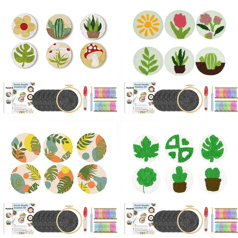 

GATYZTORY 6Pcs Punch Needle Coaster Kit for Beginners Tufting Coaster Art and Crafts Plant Pattern Felt Yarns Embroidery