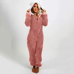 Large Size Women's One-Piece Pajamas Casual Solid Color Zipper Loose Hooded Jumpsuit Winter Warm Comfortable Home Wear