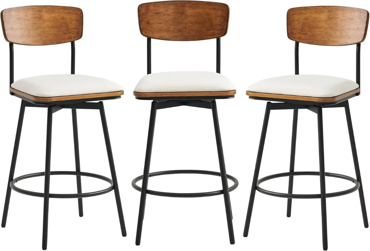 

Swivel Counter Height Bar Stools with Back Fabric Upholstered Barstools Set of 3 27" Seat Height Metal & Wood Frame Cream