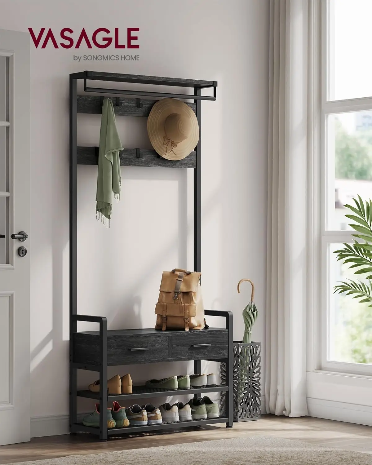 VASAGLE Hall Tree with Bench and Shoe Storage, Hallway Coat Rack with Shoe Bench, 2 Fabric Drawers, 30 x 80.4 x 181.6 cm