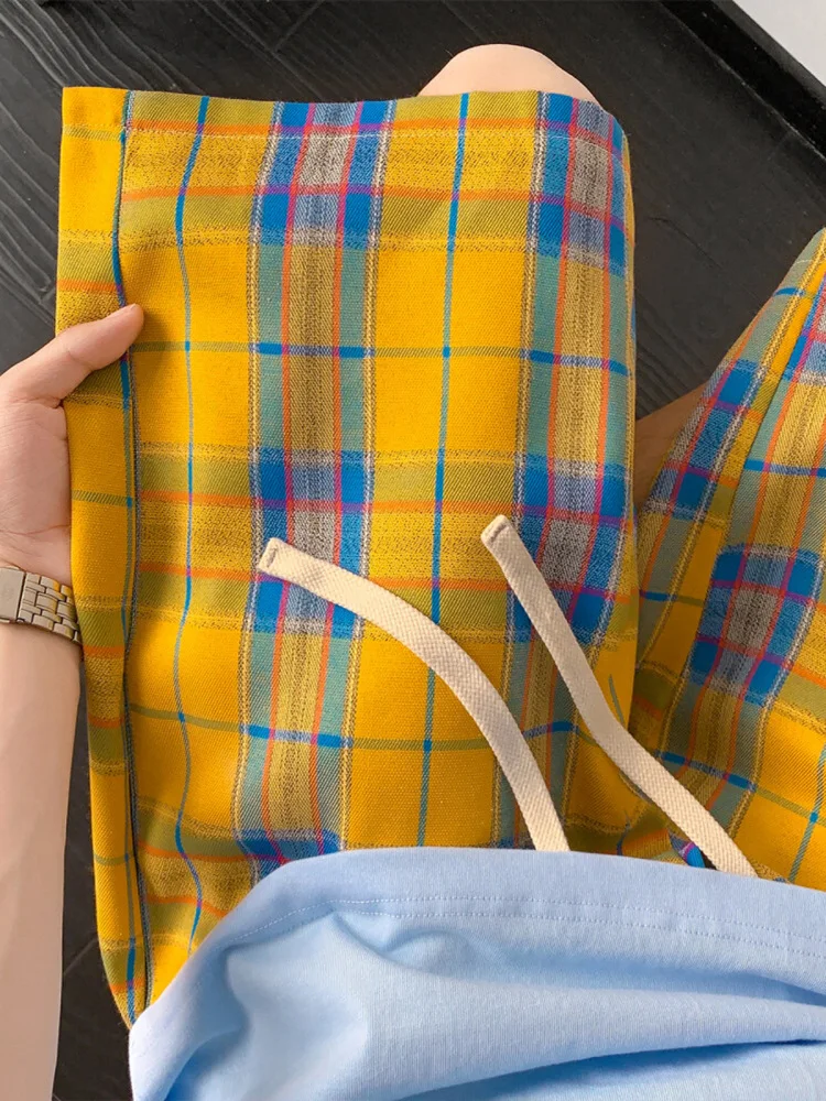 

Dopne Yellow Plaid Men's Summer American Cleanfit Retro Sports Casual Five-Quarter Pants Straight Leg mid Waist Fit