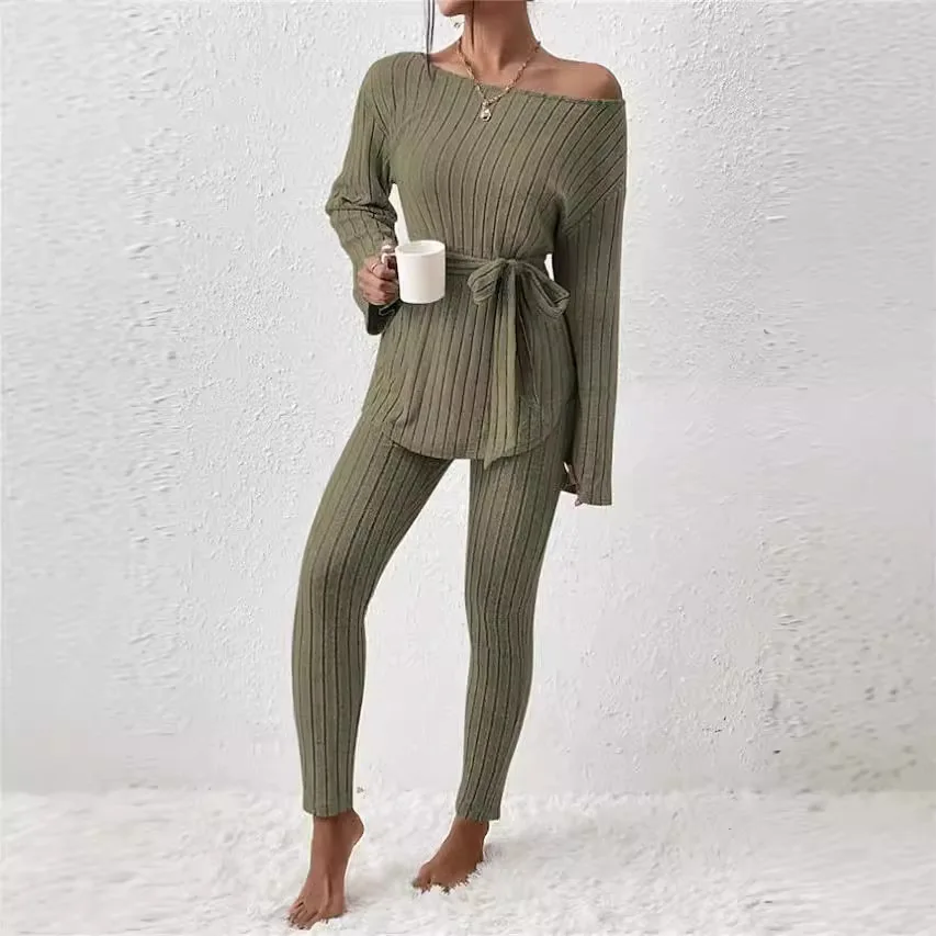 

Faionable Pure Color, женские длинные брюки с поясом, комплект из двух предметов, осень 2023, модная повседневная спортивная одежда, ансамбль