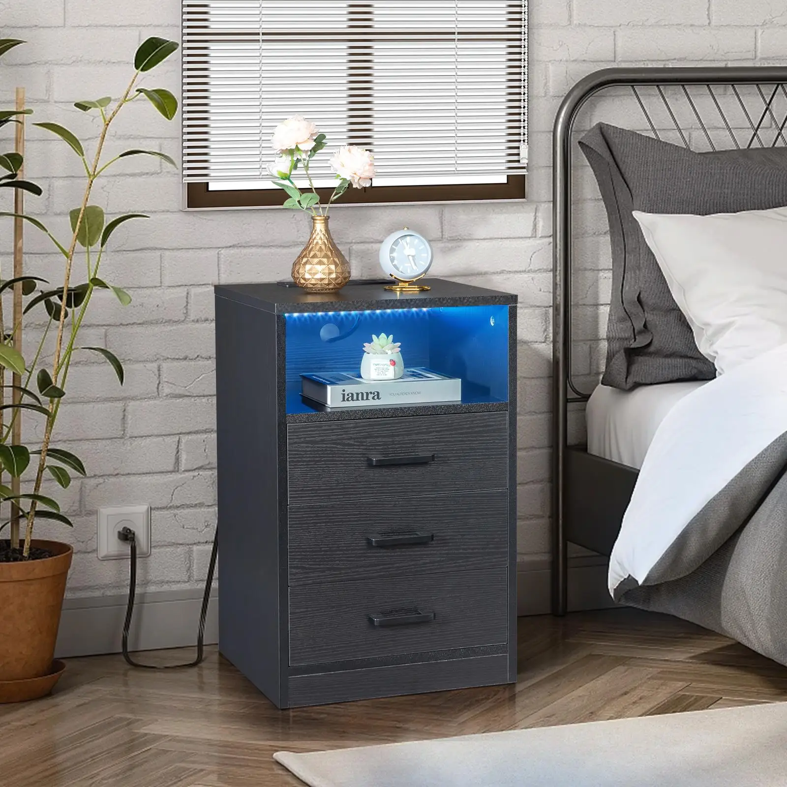 

40x35x65cm Black Particleboard Nightstand with Light & 3 Drawers, Socket - Modern Bedside Table