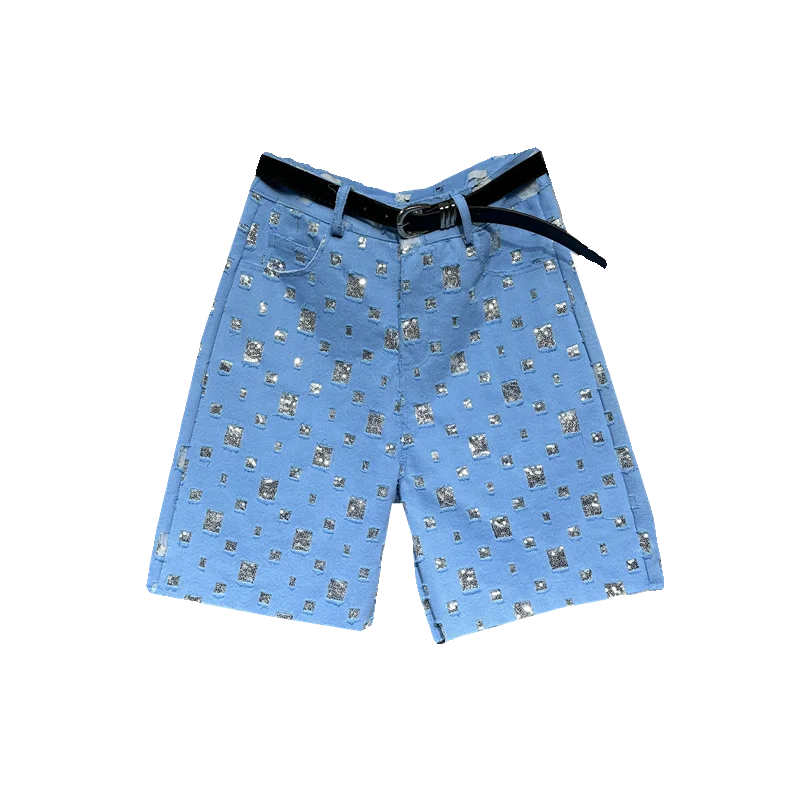 Brilhante tecido rasgado perna reta perna larga calças de comprimento médio feminino primavera verão versátil solto ajuste cinco quartos jeans