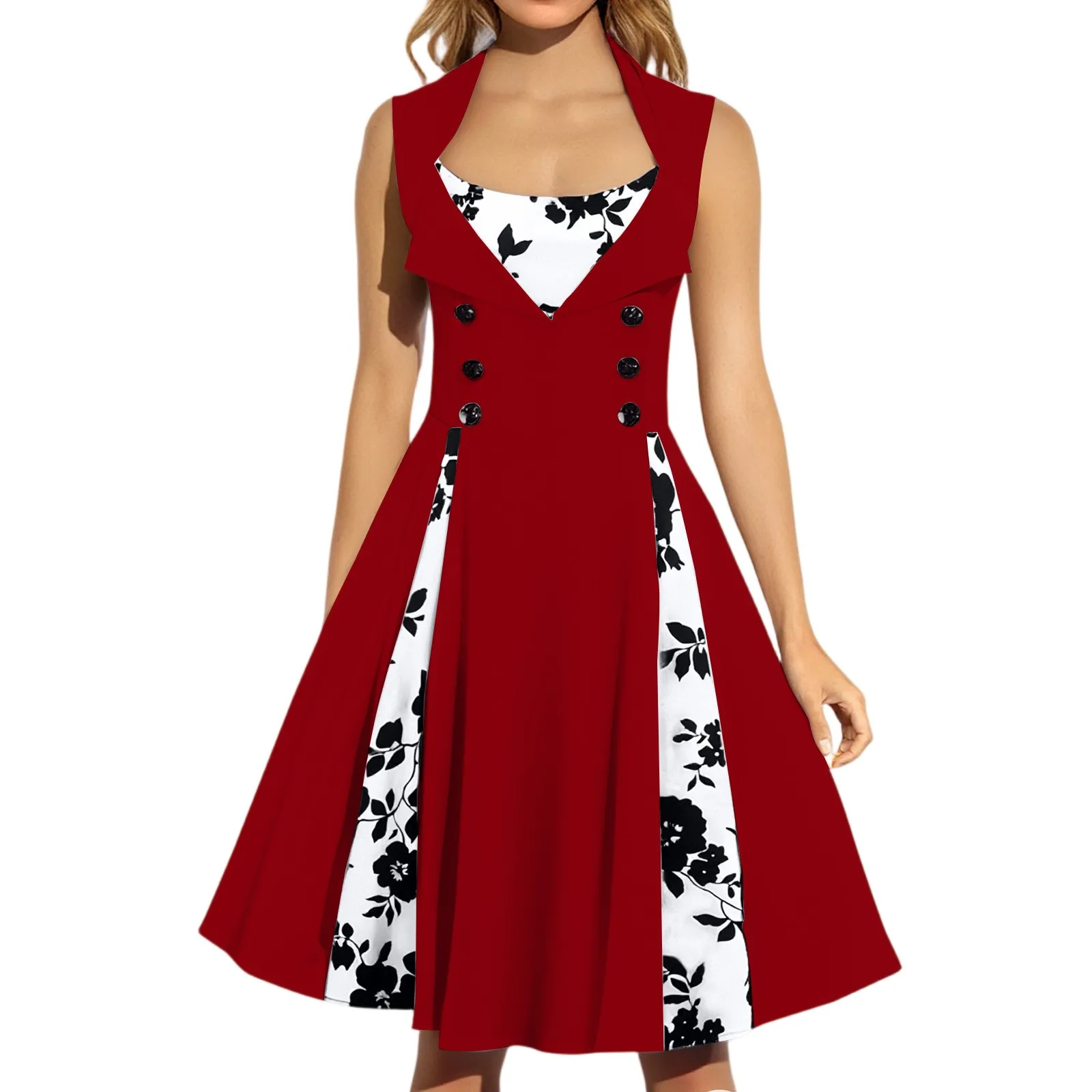 

New Women Fashion High Waist Dress Elegant Casual Festival Clothing Dress Female Vintage Slim Fit Sleeveless Floral Print Dress