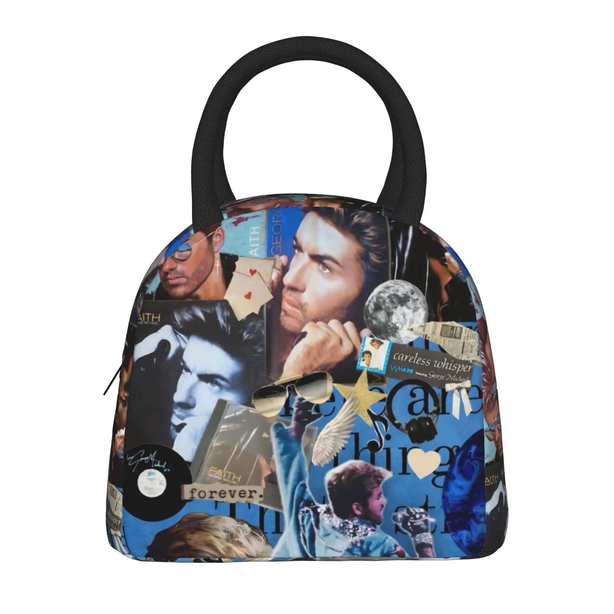 George Michael British Singer Lunch Bag  Portable Zipper Lunch Box Men Travel Print Cooler Bag Vintage Oxford Tote Food Bags