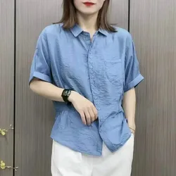 Fashion Casual Single-breasted Solid Color Loose Shirt Summer All-match Batwing Sleeve Polo-Neck Folds Blouses Women's Clothing