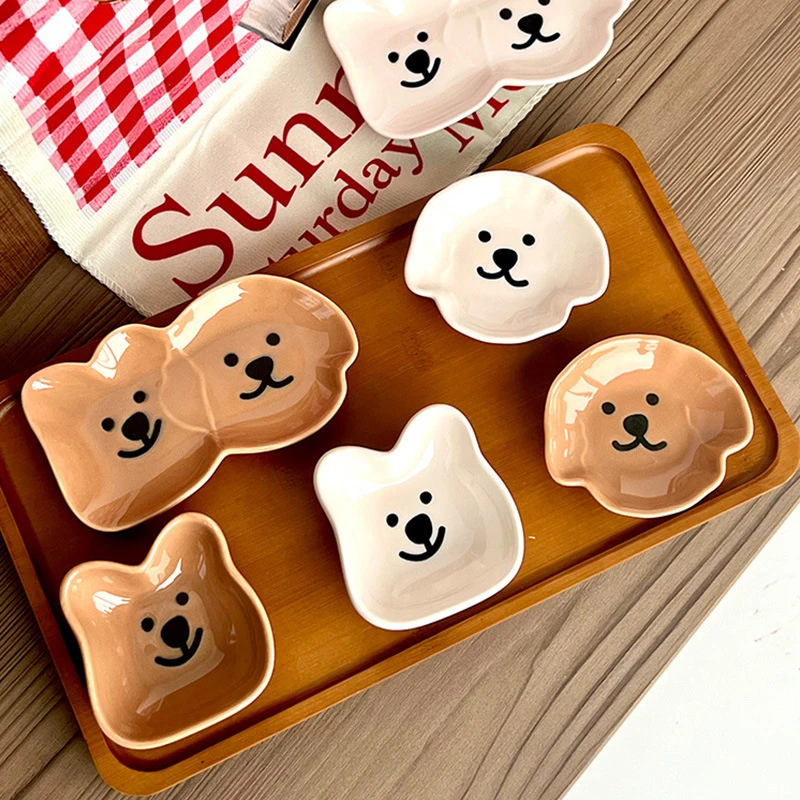 Adorable Ceramic Sauce Dish With Cute Dog & Bear Design - Single/Double Compartment Dip Bowl For Condiments, Snacks, Sushi, Soy
