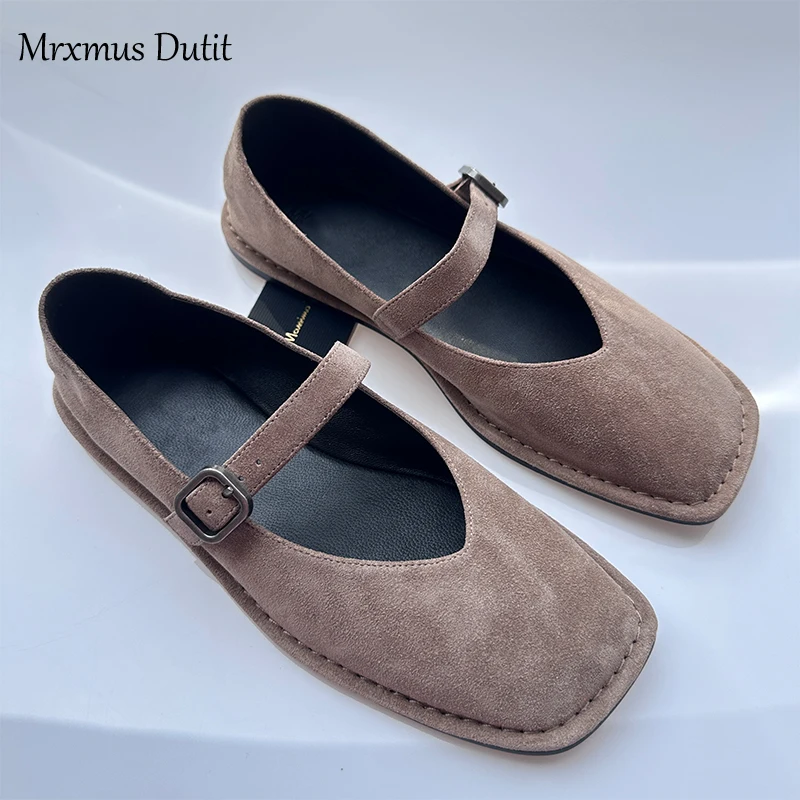 Mrxmus Dutit Suede Leather Shallow Cut Flat Shoes 2024 New Retro Sand Yellow Ballet Shoes Minimalist Commuter Women\'s Shoes