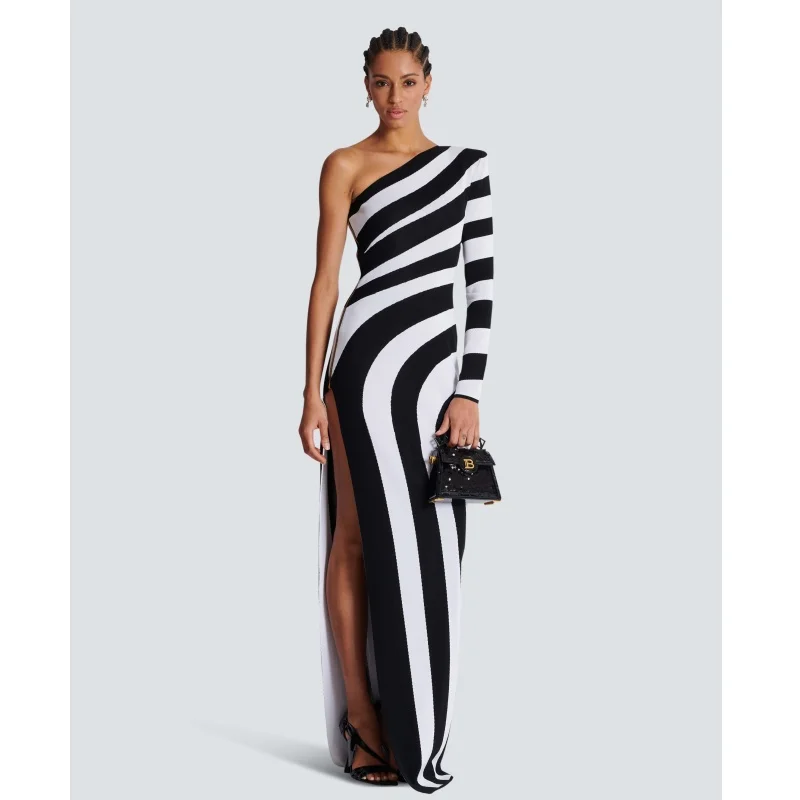 Black White Stripes Sexy High Slit One Shoulder Ankle Length Bandage Dress Fashion Woman Evening dress Celebrity Party Outfit