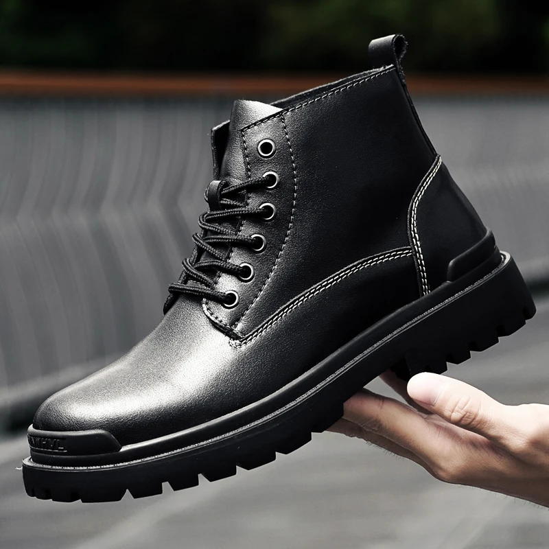 

Winter Comfy Casual Outdoor Boots Cotton Warm Men's Business Genuine Leather British High Top Plus Shoes Big Size Lace-up Black