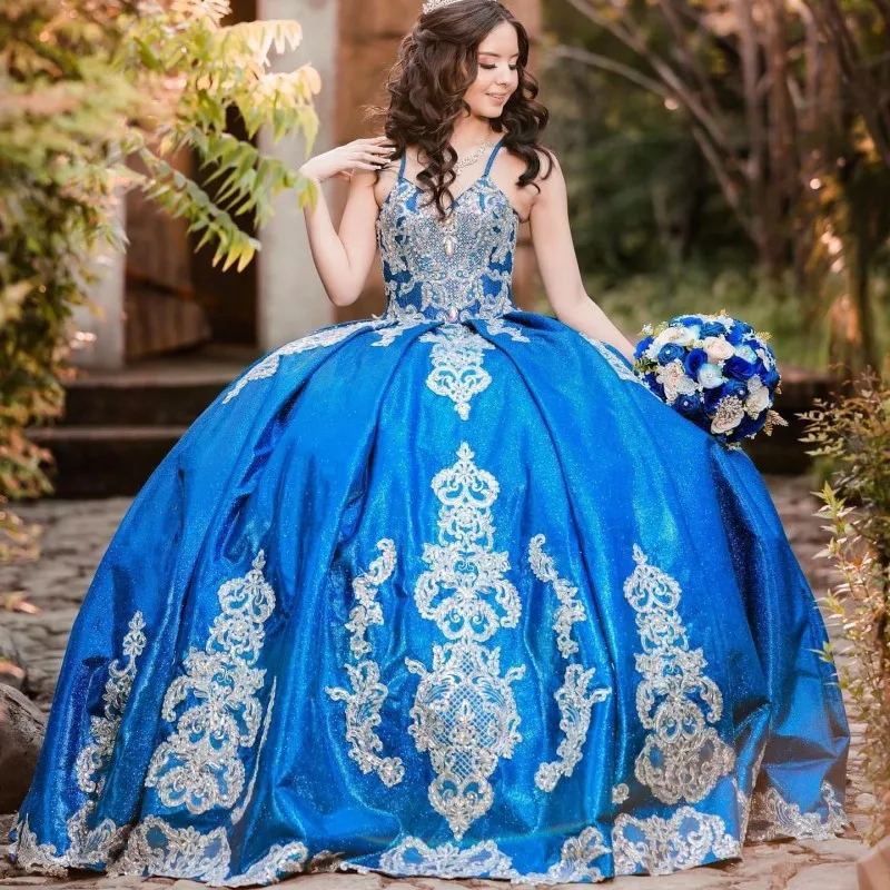 Shiny Blue Satin Quinceanera Dresses Ball Gown Applique Lace Spaghetti Strap Birthday Party Dress Lace-up Vestidos De 15 Años