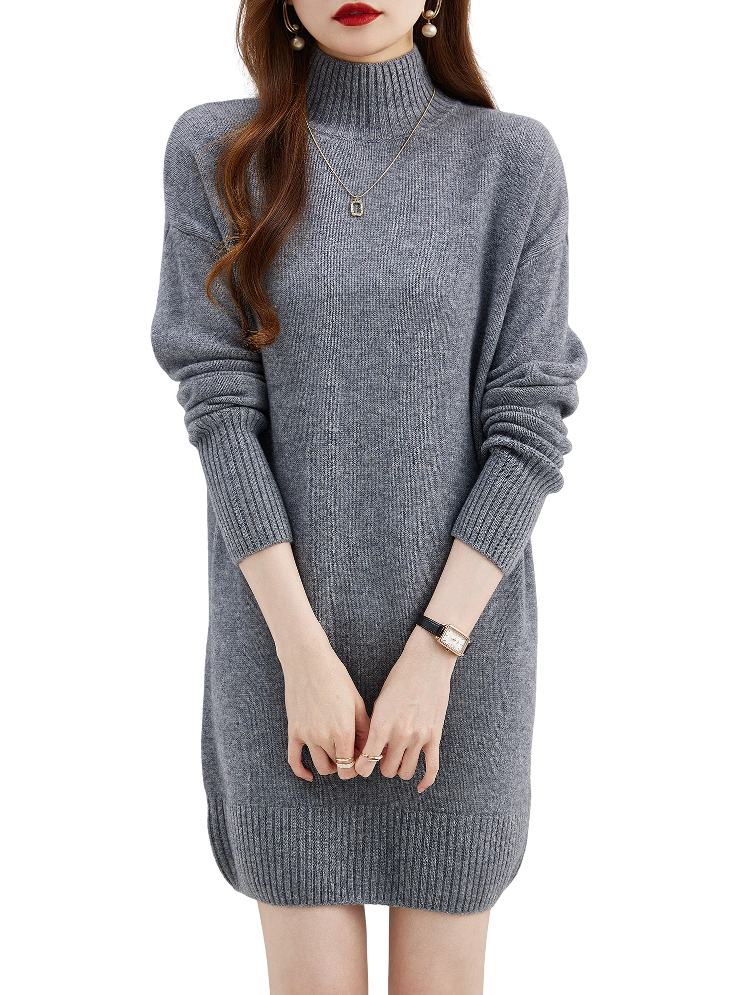 Turtleneck Sweater Women's Pullovers 100% Merino Wool Long Sweater Dress Fall Winter Warm Long Sleeve Knit Jumper Female Dresses