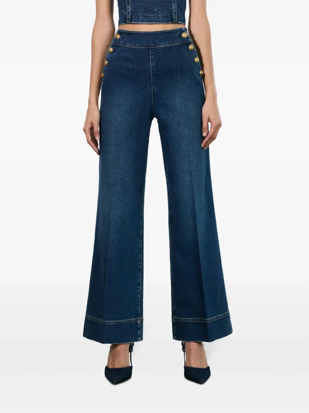 

Женские джинсы с золотыми пуговицами, однотонные повседневные женские джинсовые расклешенные брюки с высокой талией