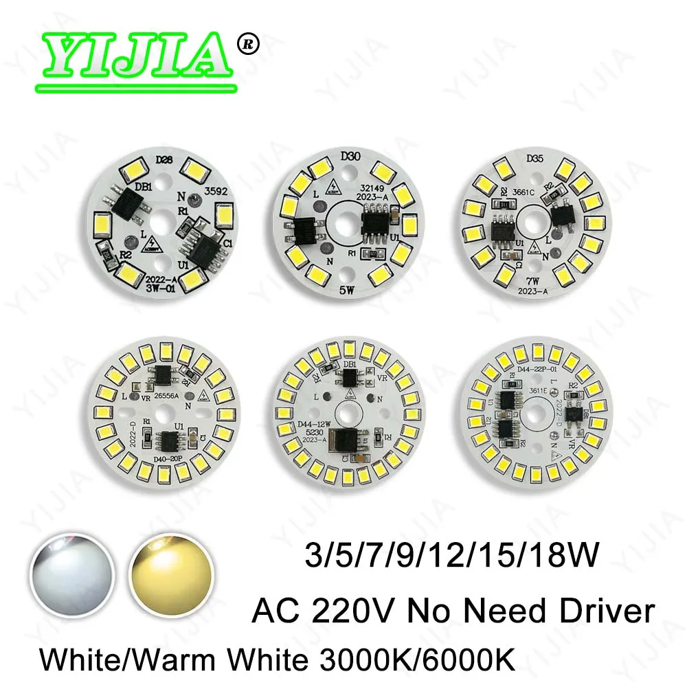 

5pcs LED Light Board Warm White No Need Driver AC 220V 3W 5W 7W 9W 12W 15W 18W SMD 2835 Chips Round Lamp Beads For Downlight