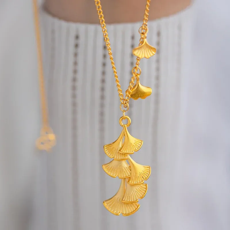 

24K Yellow Gold Ginkgo Biloba Clavicle Necklace, 9999 Real Gold Pendant Fashion Party Birthday Wedding Charm Fine Jewelry Gift