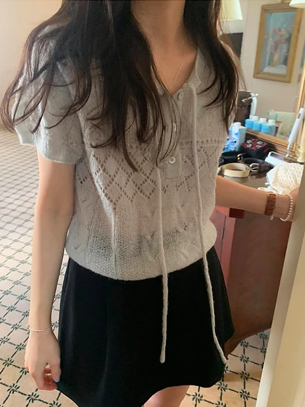 เสื้อถักไหมพรมสไตล์เกาหลีสำหรับผู้หญิง รุ่นใหม่ล่าสุดสำหรับฤดูร้อน ให้ความรู้สึกหวานละมุน สไตล์สปอร์ต ดูหรูหรา