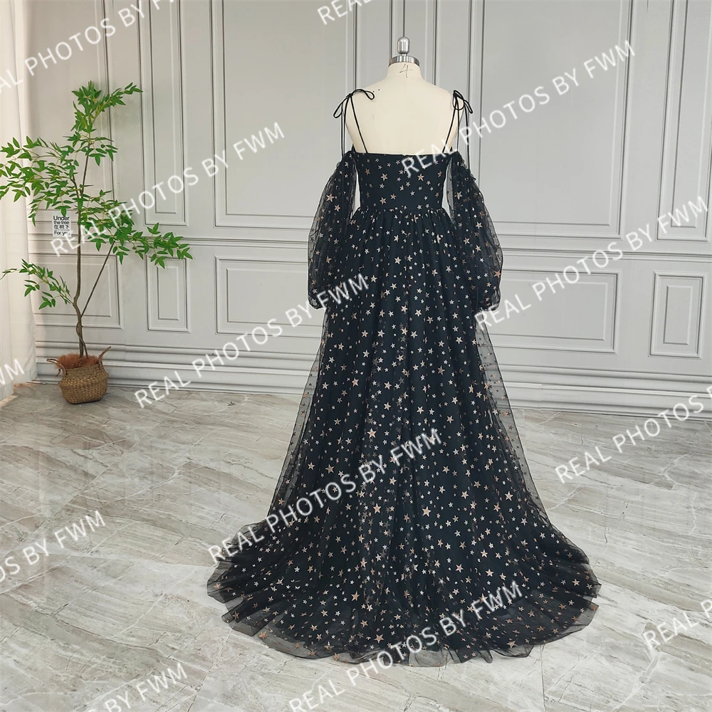 15187# 100% Customzied Black Stars Tulle A-line Evening Dress For Women Engagement Party Gown With Side Split 2024