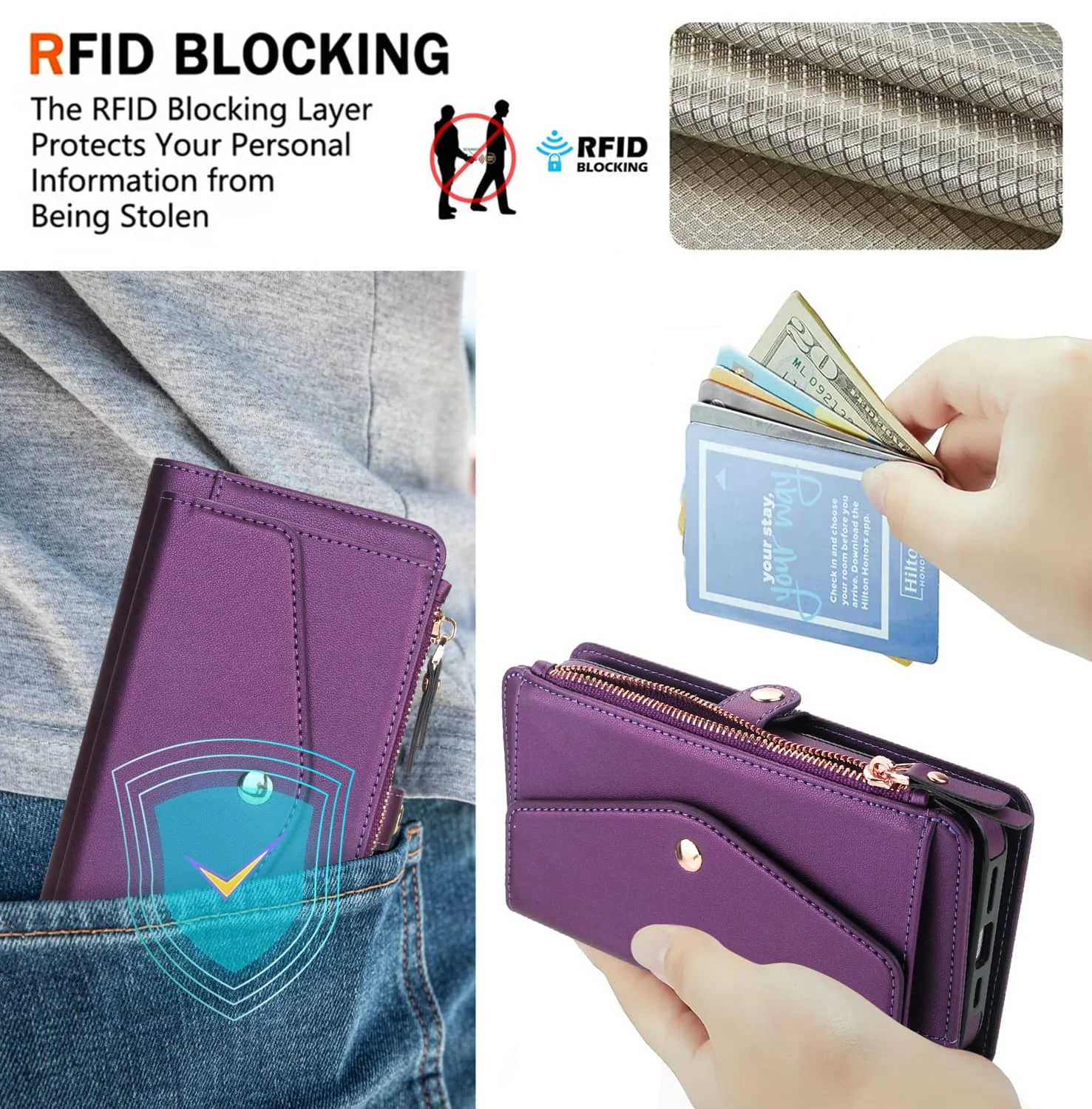 Etui z portfelem na iPhone'a 15/14/13/12/11 Pro Max X XR XS Max SE 2022 7 8, obsługa ładowania bezprzewodowego z blokadą RFID i uchwytem na kartę — zdjęcie produktu 5