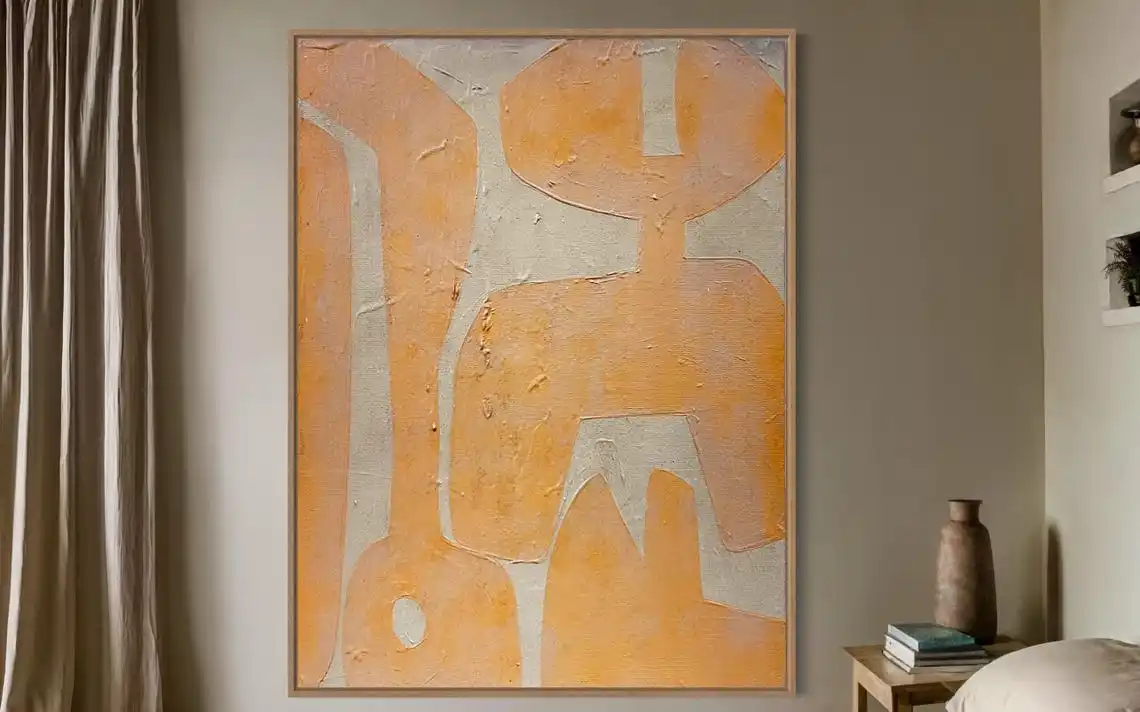 Large Abstract Textured Handmade Painting Mustard Yellow Abstract Painting Mid Century Modern Wall Art Beige Painting Home Art