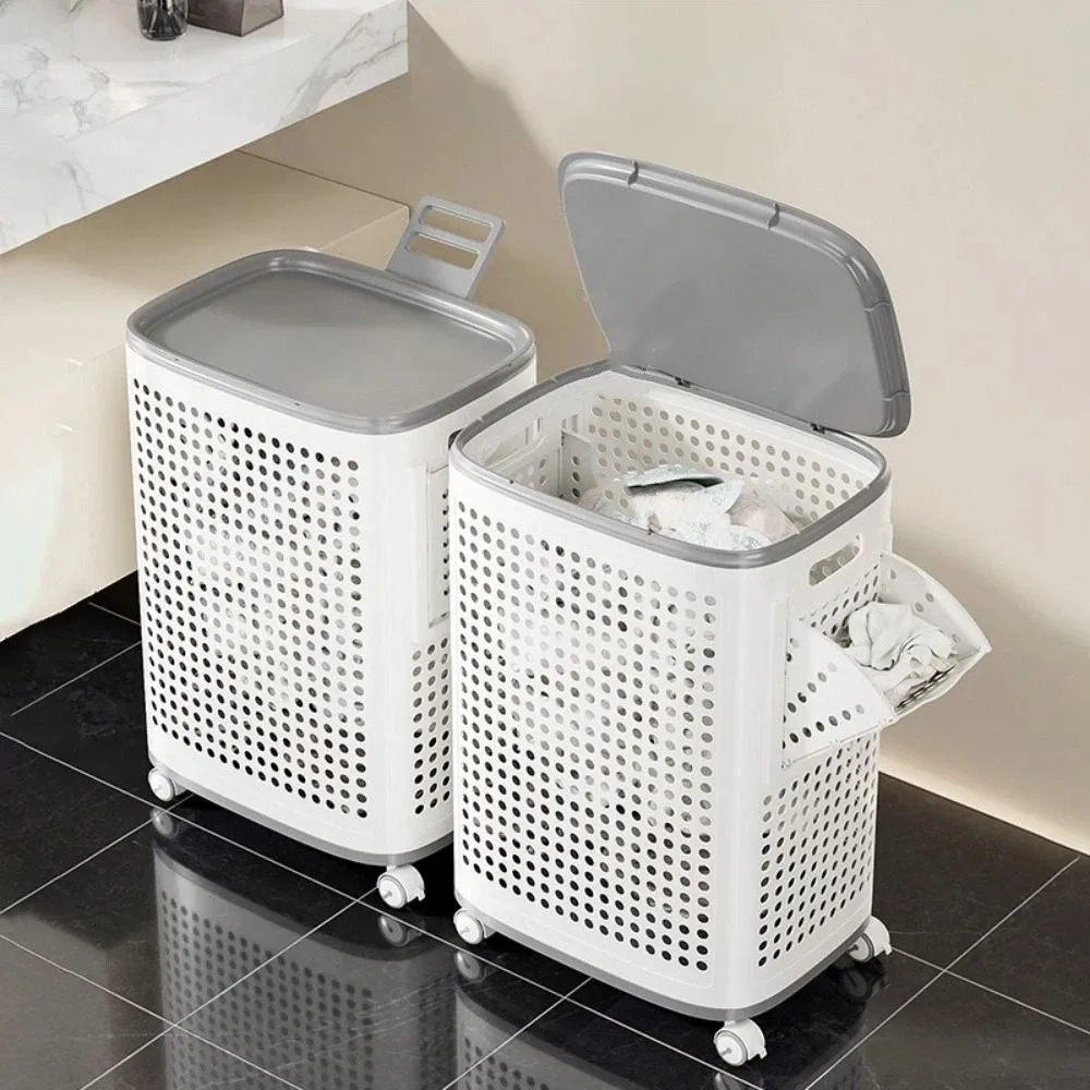 

Large Capacity Folding Dirty Clothes Basket Dust-proof Plastic Rolling Laundry Basket Detachable with Mute Wheels