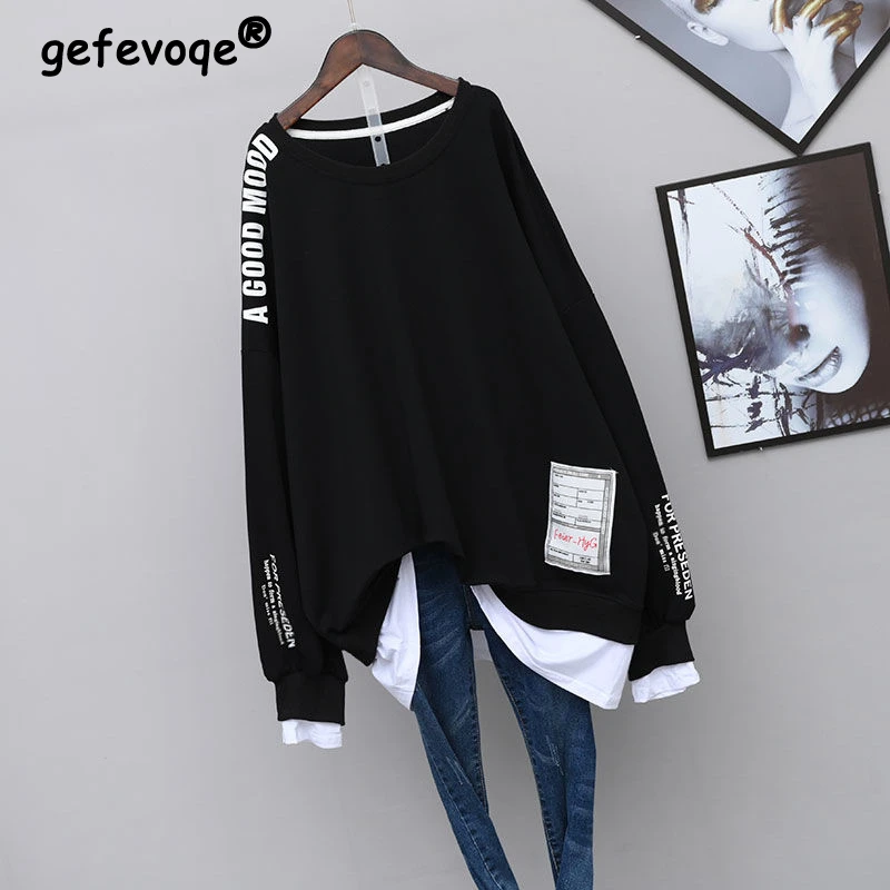 Letters Streetwear Oversized Lange Mouwen Patch Designs Fake 2 Stuks Sweater Vrouwen Casual Truien Tuniek Top Vrouwelijke Kleding