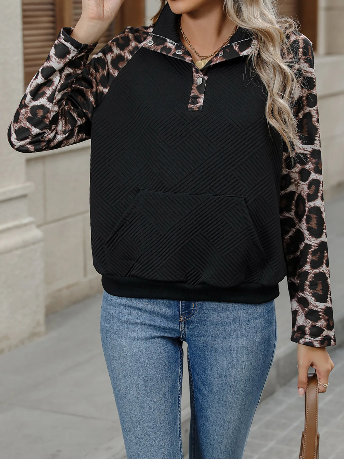شخصية الشارع نمط البلوز الخريف الشتاء الربط ليوبارد طباعة أعلى طويلة الأكمام مفتوحة بلاكيت نصف الياقة المدورة الملابس