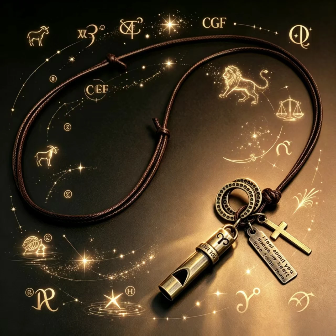 12 Zodiac Signs Lucky Whistle Necklace, American Vintage Survival Whistle Pendant, Leather Tactical Long Sweater Chain, Blowing