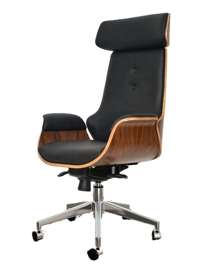 Modern CEO Executive Chair Adjustable Swivel Chair, Wooden&PU BOSS Leather Chair Walnut Color