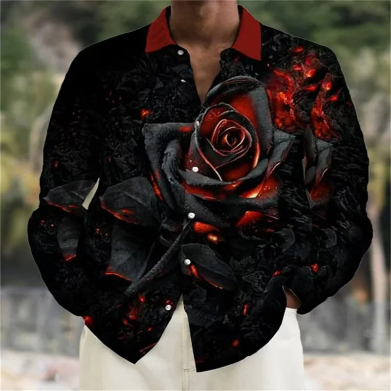 

2024 New Fashion Men's Casual Polo Collar Long Sleeve Shirt Flame Rose Print Soft Healthy Material Tops Autumn Winter