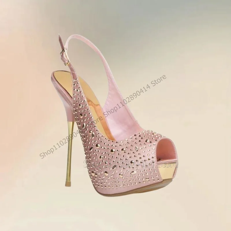 Rhinestone Decor Metal Heel Platform Bombas para mulheres, sapatos de cinta de tornozelo, moda Peep Toe, festa roxa, 2024